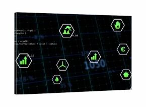 Displaying hexagonal badges with green icons and code snippet centered, with glowing grid