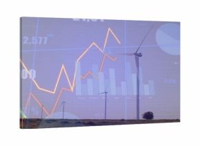 Displaying cluster of three wind turbines standing on flat grassy plain, with data overlays