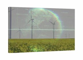 Showing row of modern wind turbines spinning over yellow crop field, with holographic data overlay