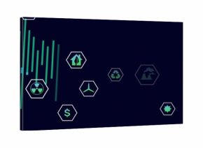 Displaying hexagonal icons linking energy and finance on digital dashboard with teal bar chart