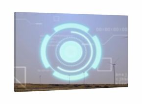 Projecting central cyan holographic HUD over wind farm grassland, with turbines, UI, binary text