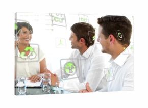 Smiling team in suits discussing energy in office, holding clipboard, glass table, AR icons