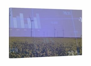 Displaying canola field stretching horizon at wind farm, overlaying bar charts and numeric readouts