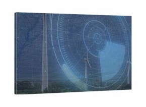 Rotating white wind turbines with three-bladed rotors occupying rural valley, showing blue HUD grid