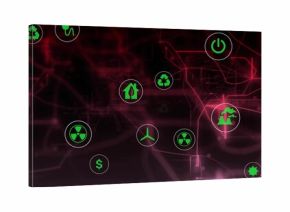 Floating green energy icons linking neon network on digital UI showing recycle plug power wind