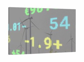 Displaying LED ticker overlay covering rural wind farm with 3-blade turbines, $ € numbers on grid