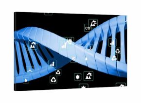 Displaying blue double-helix structure twisting on black backdrop, showing recycling and CO2 icons