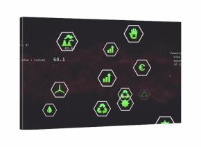 Displaying center cluster of green icons on digital dashboard with hex frames, numeric labels, code