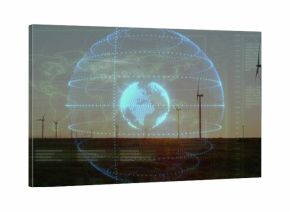 Displaying holographic blue globe overlaying wind farm at sunset, with turbines, HUD data panels