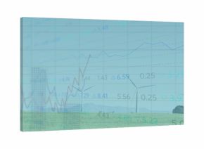 Displaying three wind turbines rotating at wind farm, with grassy field, hills and data overlays