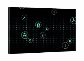 Glowing teal circular icons and dotted grid floating across black dashboard, showing energy symbols