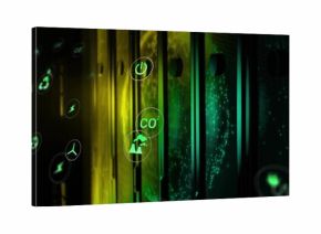 Glowing vertical rack panels displaying floating energy icons in data center, with green particles