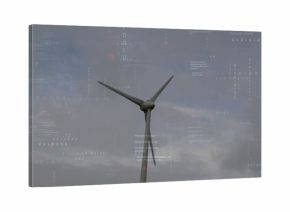 Displaying light gray turbine rising into overcast sky with nacelle three blades data overlay