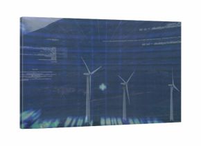 Displaying three wind turbines rotating on grassy hillside at dusk, with digital code overlays