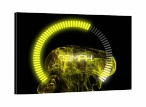 Displaying glowing yellow-green particle cloud on black void, showing segmented gauge and 79MPH