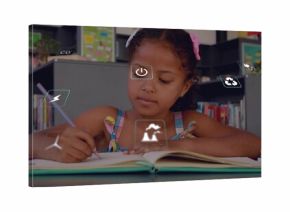 Writing student wearing patterned dress, holding pencil, steadying notebook at school with AR icons