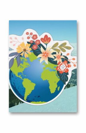 Image of planet earth with flowers over snowy mountain landscape