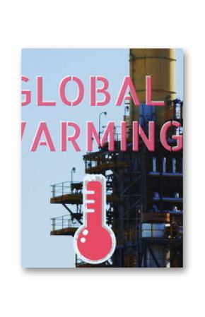 Global warming text highlighting environmental crisis, industrial plant emitting pollution