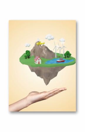 Hand holding floating island with house, wind turbines, and boat on water
