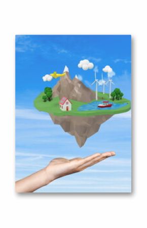 Hand holding floating island with house, wind turbines, and airplane in sky