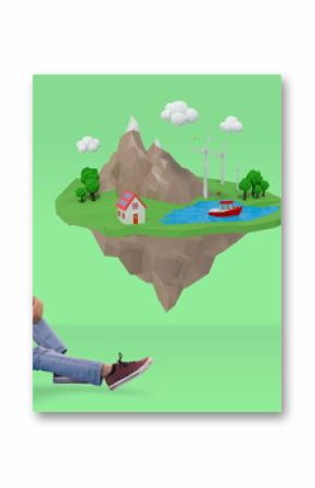 Teen using VR headset exploring virtual island with house and wind turbines
