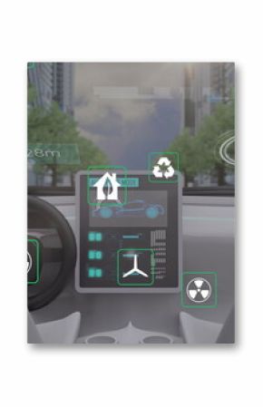Image of data processing and ecology icons over car and city