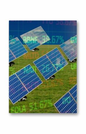 Image of trading board and solar panels on green landscape