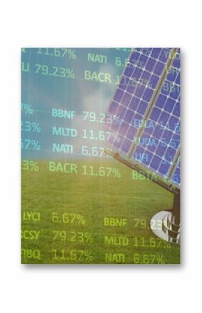 Image of financial data processing over solar panel on grass and blue background