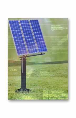 Image of computer data and graph over solar panel and green landscape