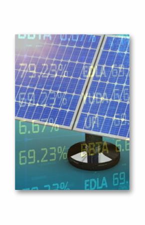 Image of trading board and solar panel on abstract background with lens flare