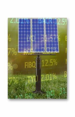 Image of trading board and solar panel on grassy field over rotating globe