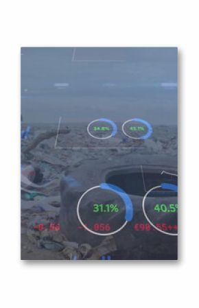 Image of statistics recording over digger in rubbish disposal site