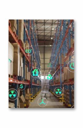 Image of ecology icons over warehouse