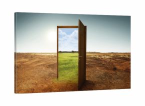 Open wooden door to the new world with green environment