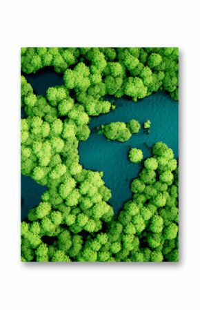 Rainforest lakes in the shape of world continents. Environmentally friendly sustainable development concept. 3D illustration.