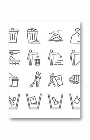 Trash line icon set. Included the icons as garbage, dump, refuse, bin, sweep, litter and more.