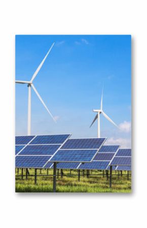 solar panels and wind turbines generating electricity in power station green energy renewable with blue sky background 