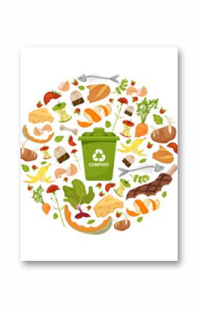 Round template Organic waste theme. Collection of fruits and vegetables. Illustration for home food processing and compost, organic waste, zero waste, environmental problem. Flat icons, vector design