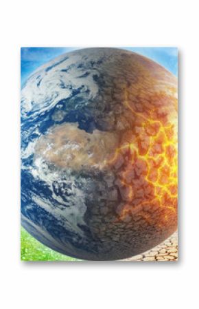 Earth on a background of grass and clouds versus a ruined Earth on a background of a dead desert. Concept on ecology, global warming, science, education, etc.