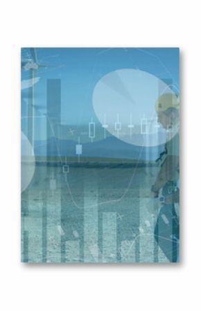 Image of data financial processing over windmill and workers