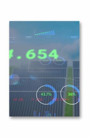 Image of financial data processing over solar panels