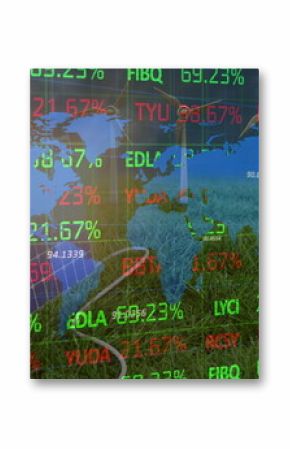 Image of financial data processing and world map over wind turbines and solar panel