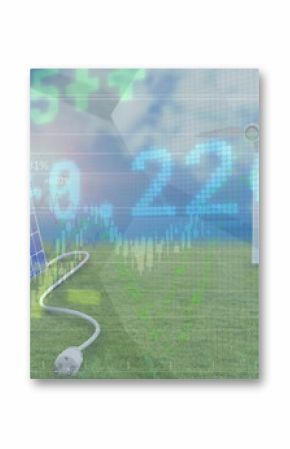 Image of financial data processing over wind turbines and solar panel