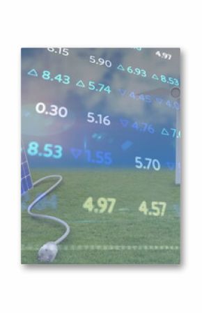 Image of financial data processing over wind turbines and solar panel