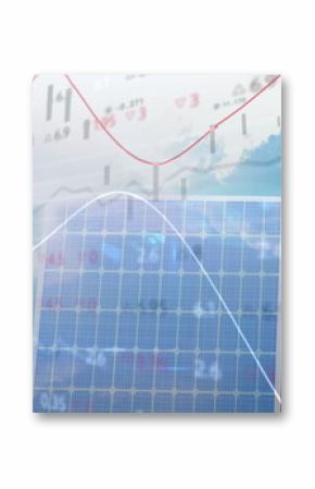Image of financial data processing over solar panel