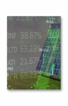 Image of financial data processing over solar panel
