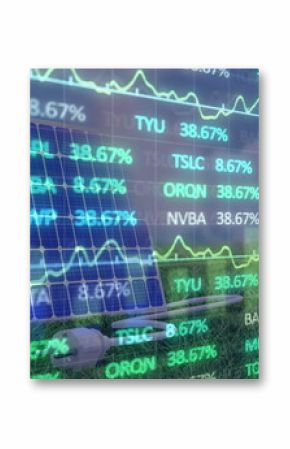 Image of financial data processing over wind turbines and solar panel