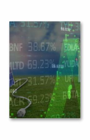 Image of financial data processing over wind turbines and solar panel