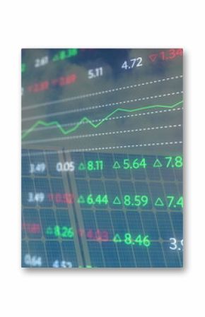 Image of financial data processing over solar panel