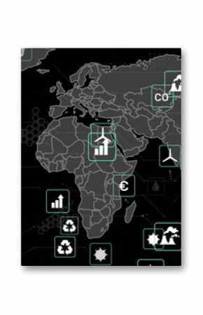 Image of eco icons, markers and data processing over world map